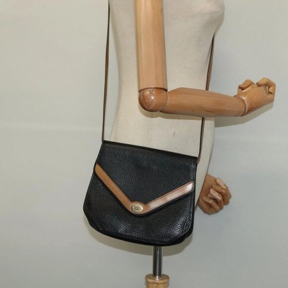 Christian Dior Shoulder Bag Leather Black Gold Auth - Picture 1 of 16
